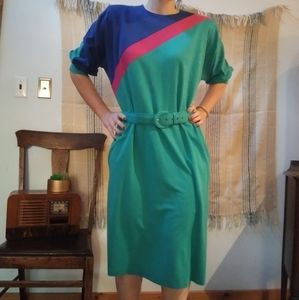 Vintage 80s teal dress w belt